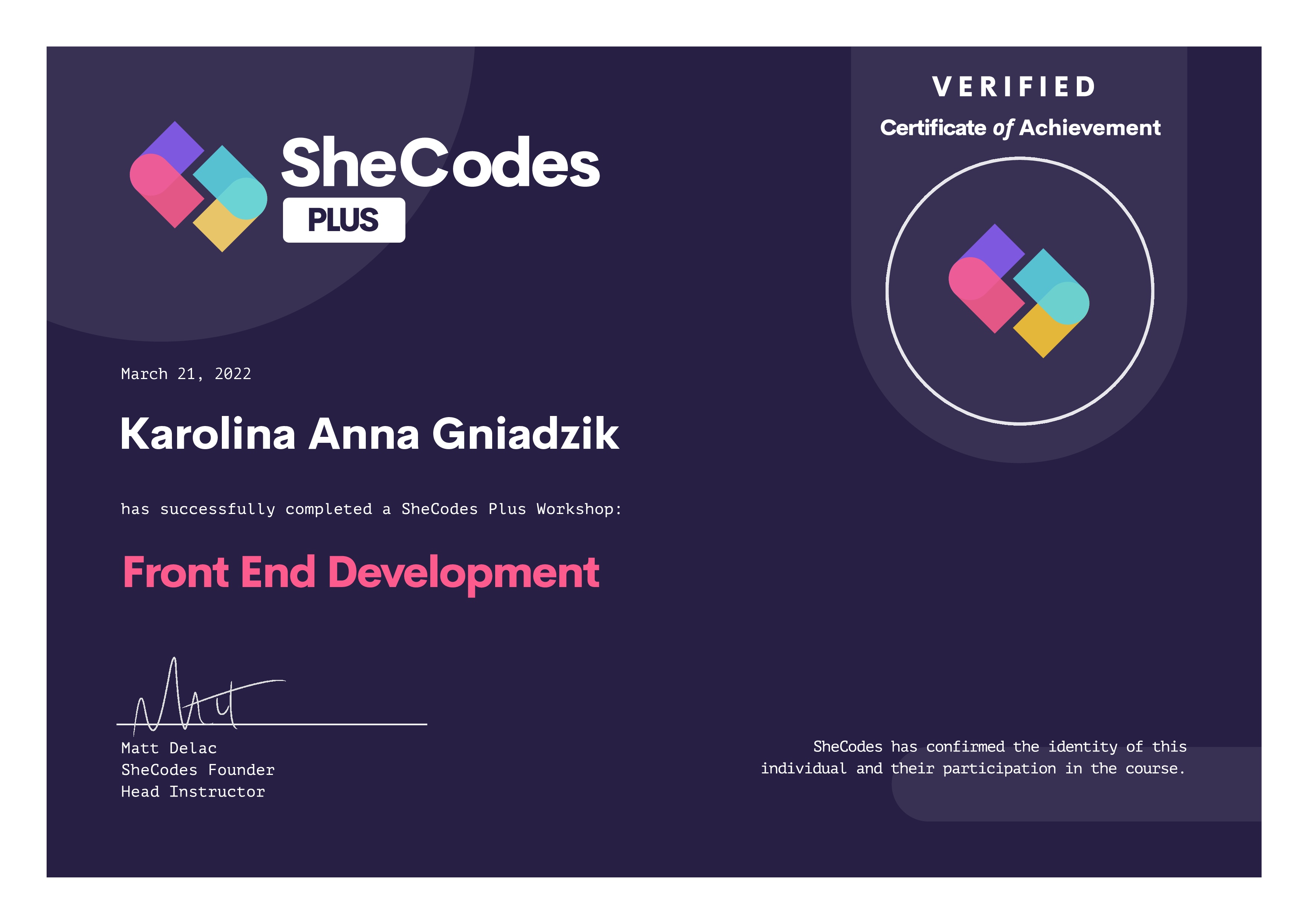 SheCodes Plus Certificate